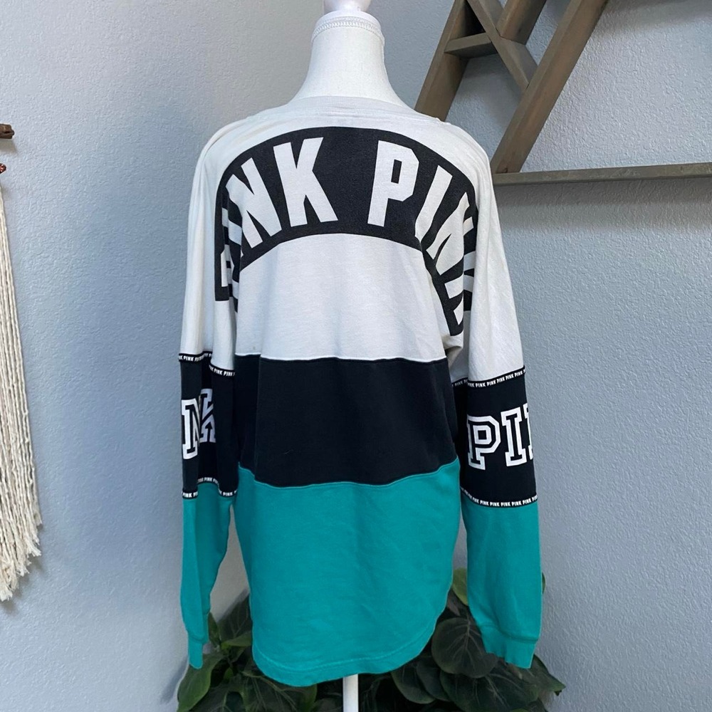 VS PINK COLORBLOCK WHITE BLACK TEAL LONG SLEEVE SHIRT PULLOVER Y2K CASUAL LOUNGE